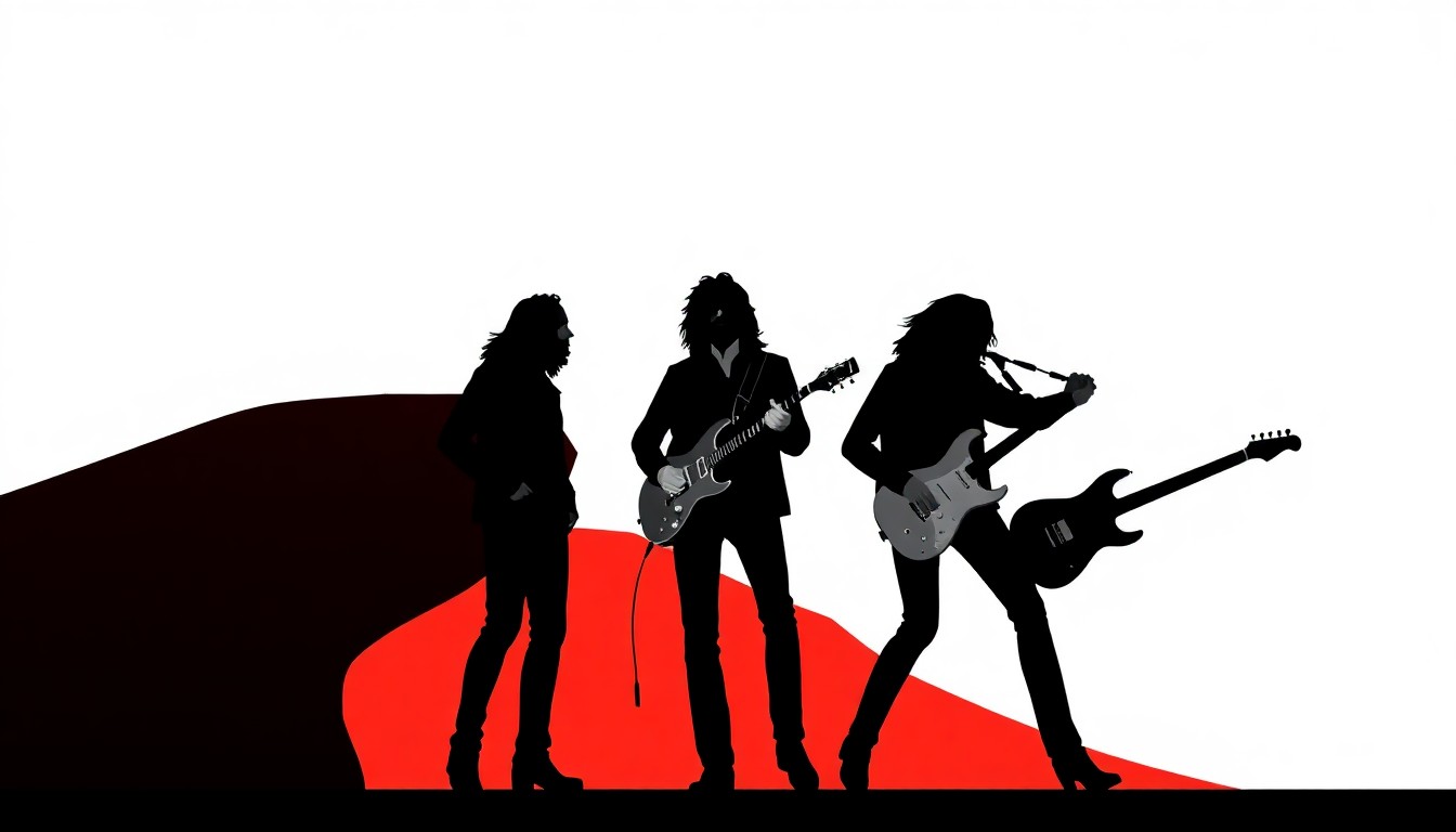 A minimalist, abstract illustration featuring bold, jagged shapes and silhouettes in high-contrast red and white, conceptually representing a legendary rock band evolving and embracing change.