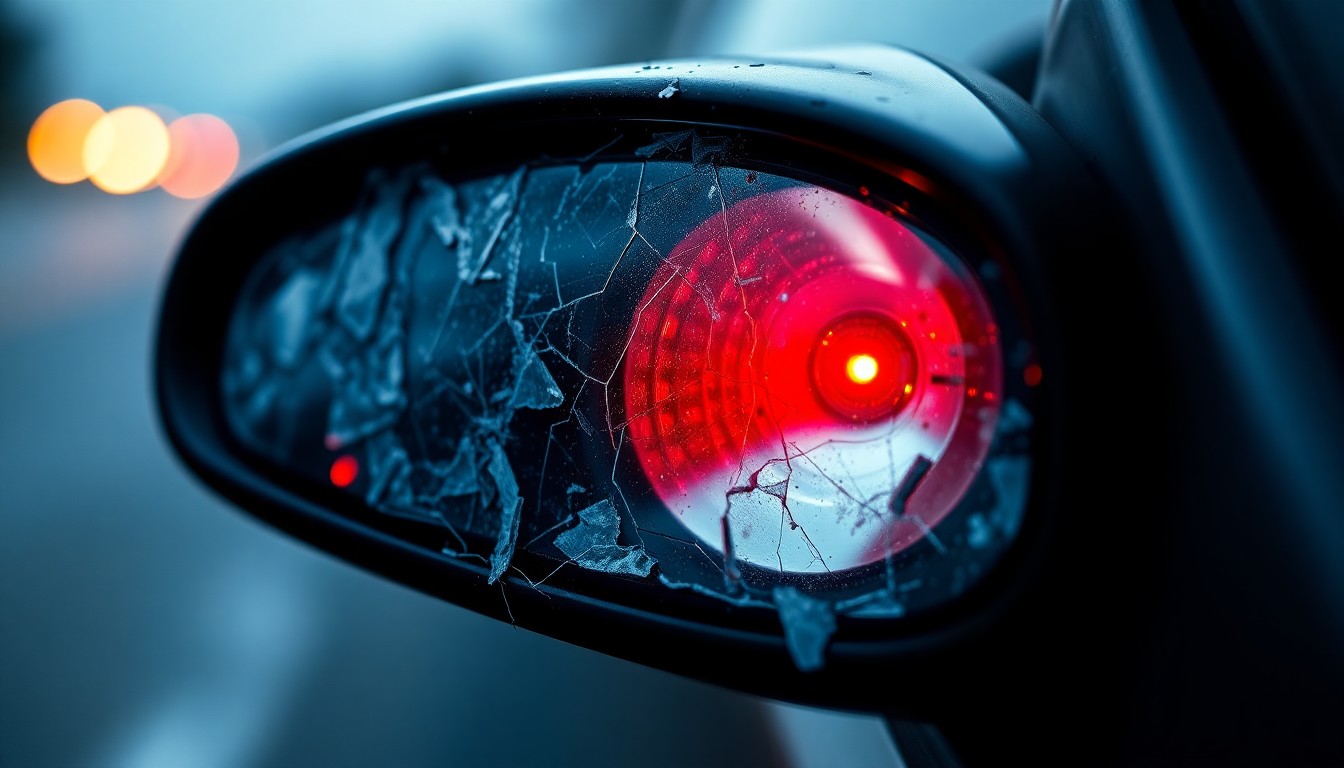 An extreme close-up of a damaged car side mirror reflecting a faint red light, conceptually representing the aftermath of a hit-and-run incident.