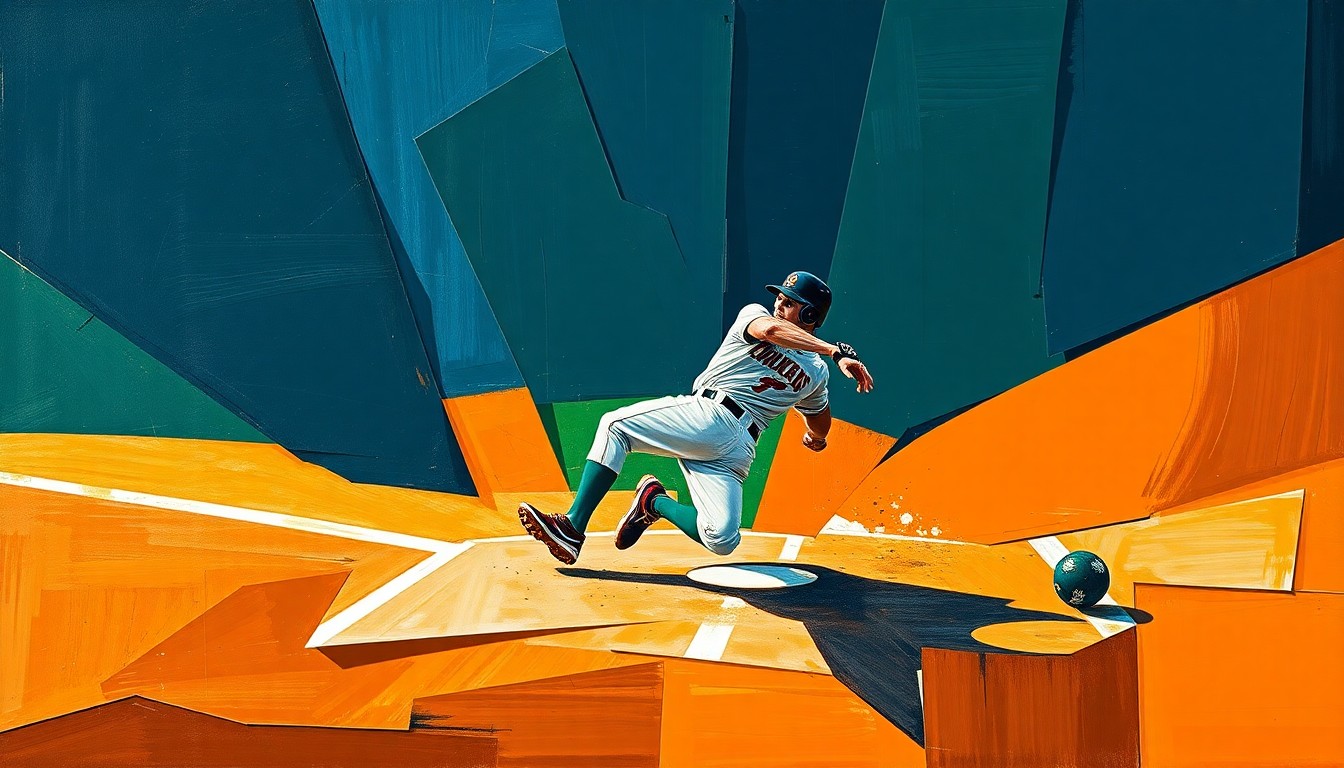 A fragmented, geometric painting depicting a baseball player sliding into home plate, with the figure broken down into sharp, overlapping planes of navy, green, and orange, capturing the dynamic motion of the sport in a Cubist style.