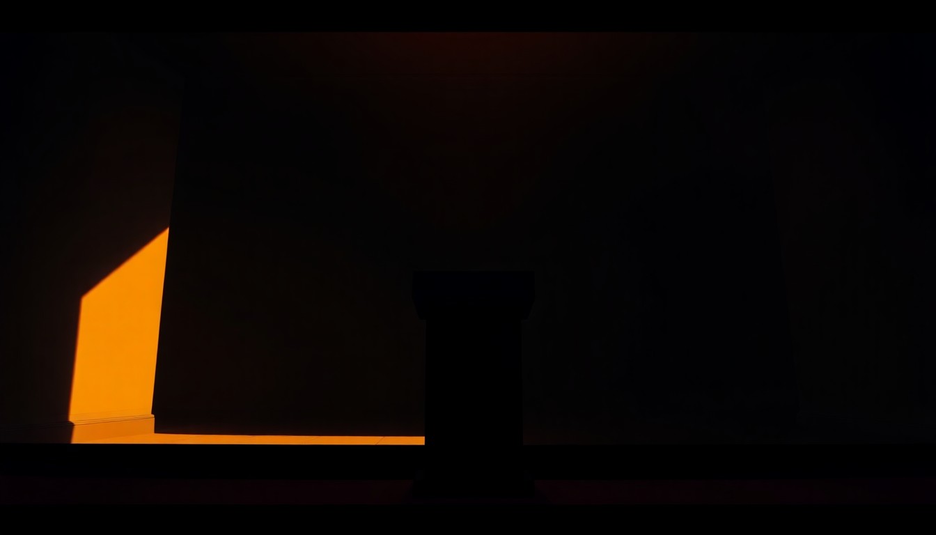 A dimly lit, cinematic painting of an empty political podium standing alone in a shadowy room, conveying a sense of unease and uncertainty surrounding the allegations.