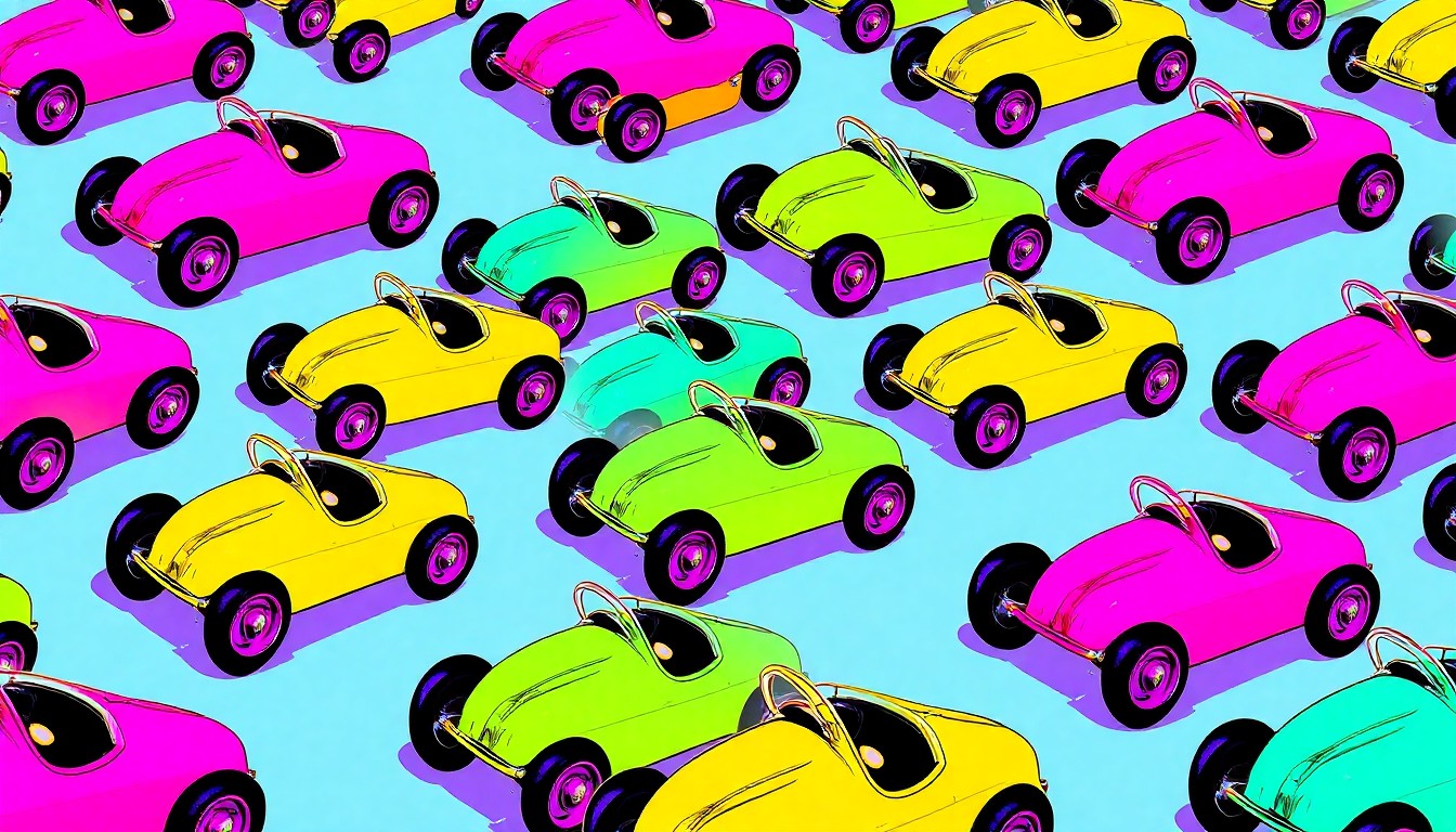 A brightly colored, high-contrast silkscreen print of a classic soap box derby car repeated in a tight grid pattern, utilizing flat, vibrant neon colors and heavy black outlines to create a modern pop art interpretation of an iconic American pastime.