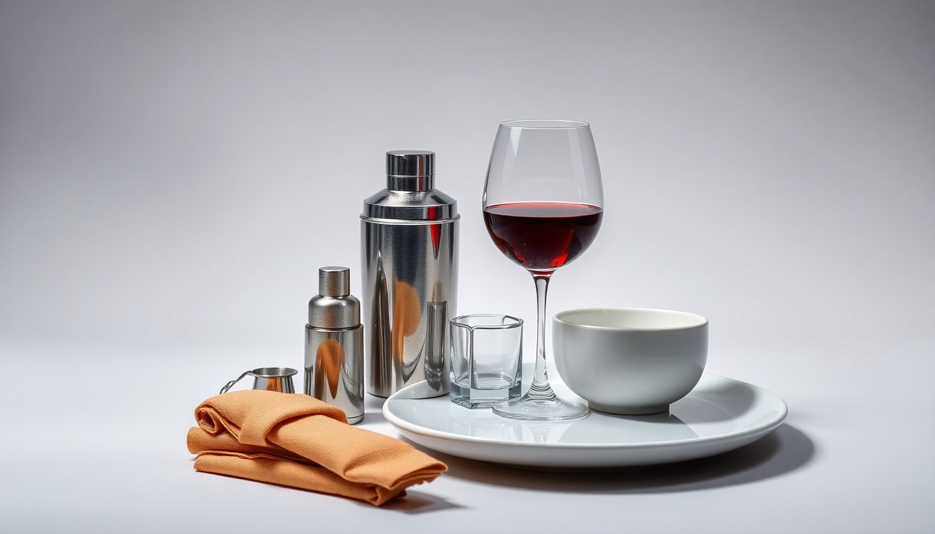 A high-end, photorealistic studio still-life photograph featuring a collection of premium, polished objects like a wine glass, cocktail shaker, and ceramic plate, arranged elegantly on a clean, monochromatic background to symbolize the abstract challenges facing Minnesota's hospitality industry.