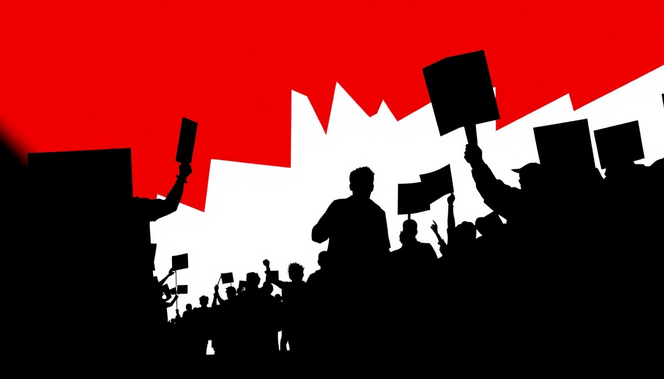 An abstract, minimalist illustration featuring stark black silhouettes and geometric shapes in high-contrast red and white, conceptually representing the political themes and social commentary of Bruce Springsteen's tour opener in Minneapolis.