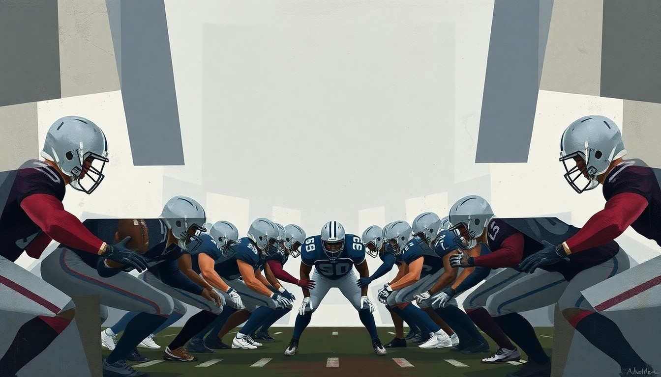 A cubist, geometric painting depicting a fragmented football offensive line, with sharp, overlapping planes in muted colors representing the disruption caused by the sudden retirement of a key player.