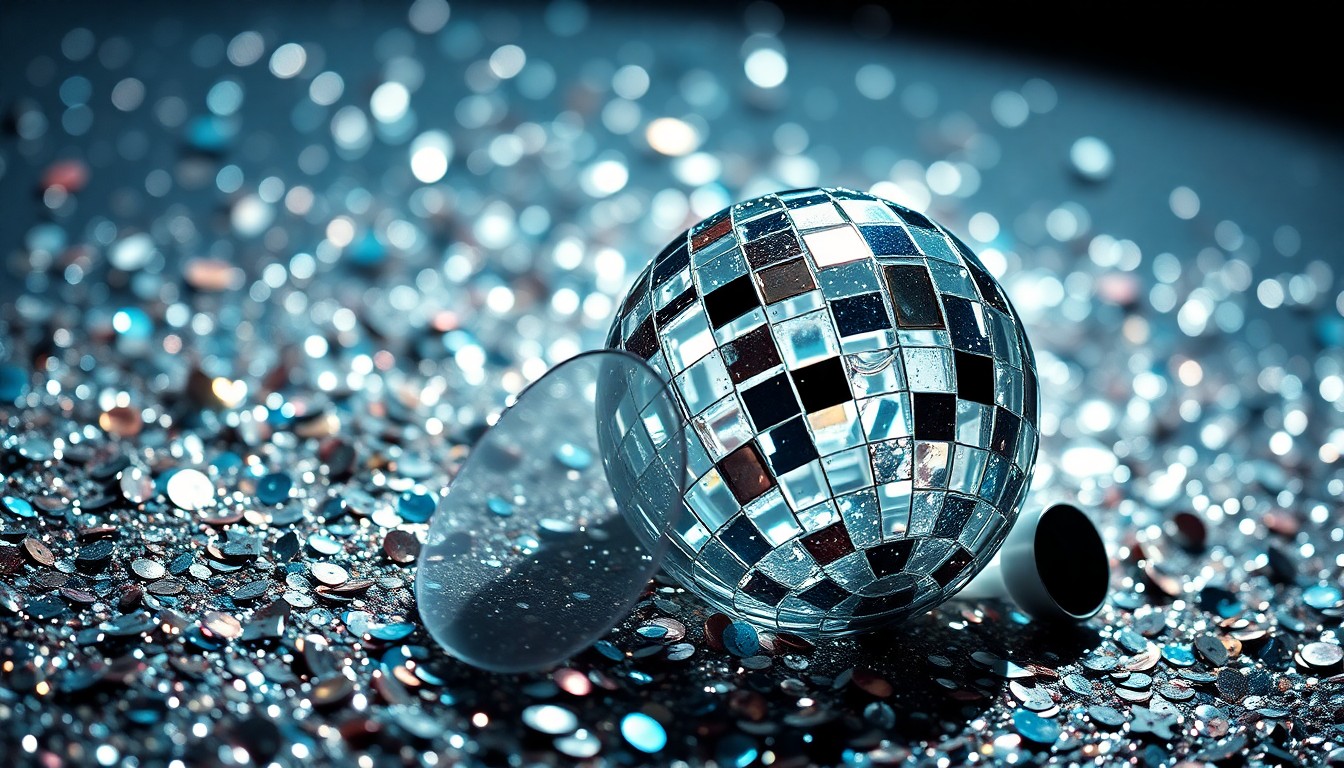 An abstract close-up photograph showcasing the shimmering, high-contrast textures of sequins and shattered glass, capturing the glamour and excitement of the Coachella music festival.