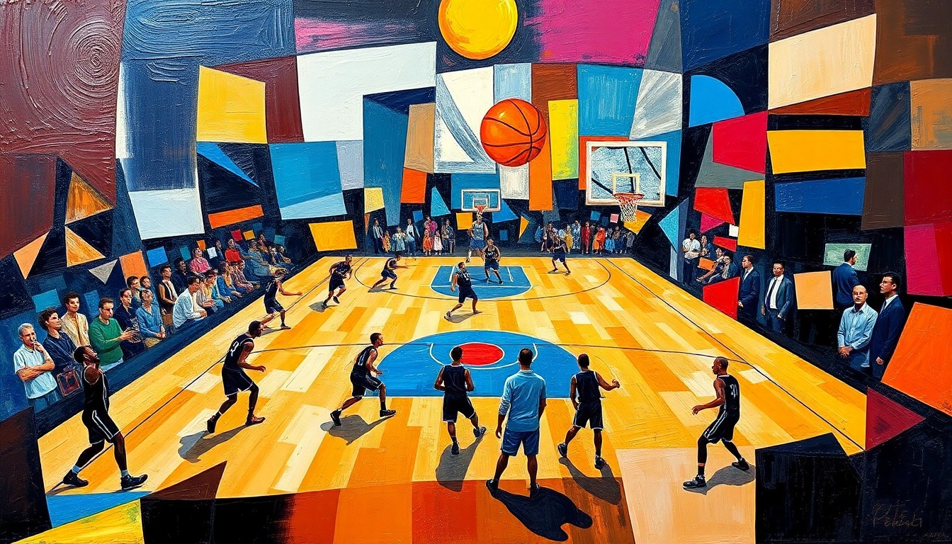 A cubist, geometric painting depicting a basketball game, with the players and court abstracted into sharp, overlapping planes of color and shape, capturing the energy and movement of the sport.