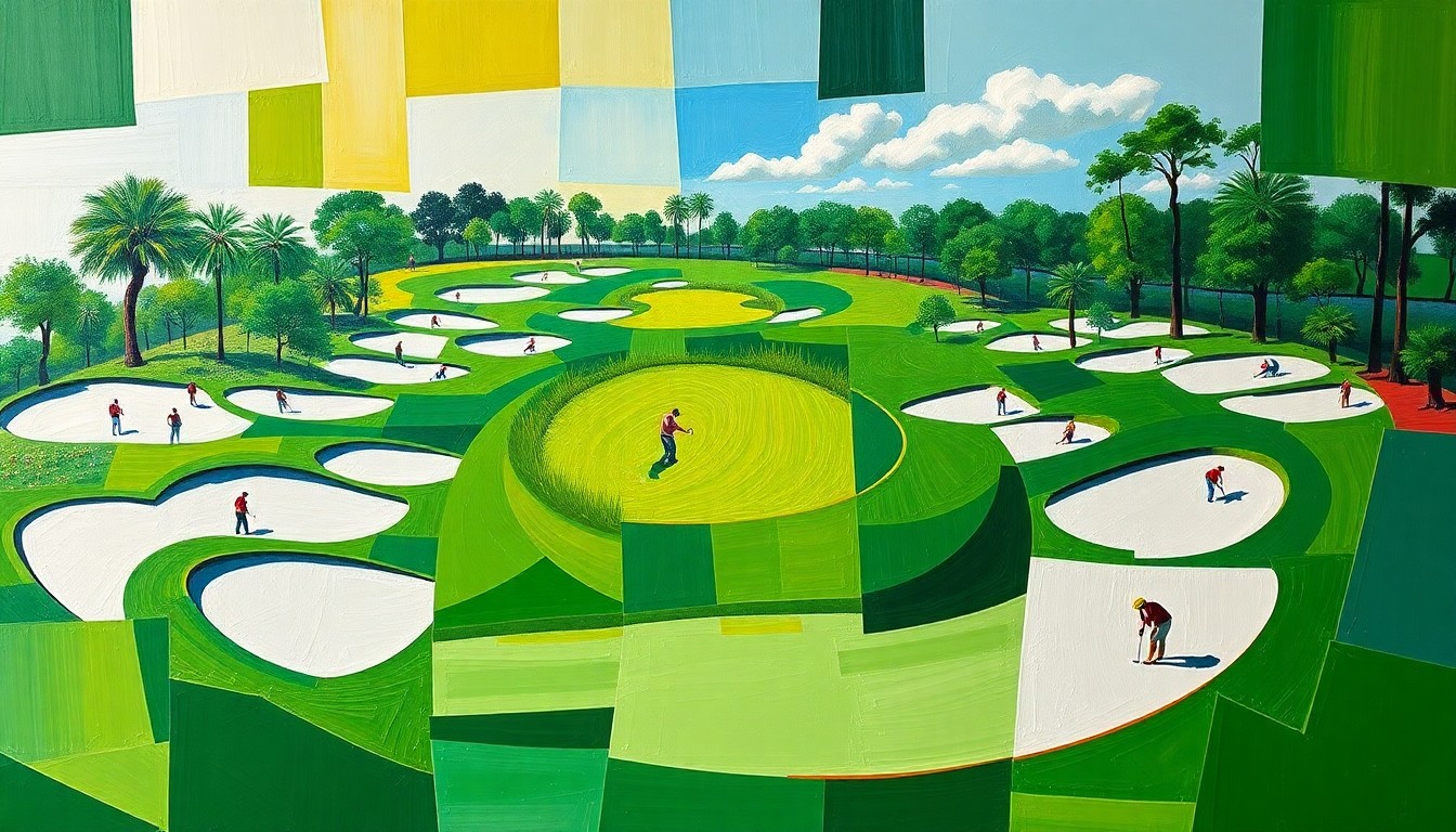 A cubist, geometric painting depicting the final round of the 2026 Masters golf tournament, with fragmented shapes and planes representing the fairways, bunkers, and silhouettes of players in motion.