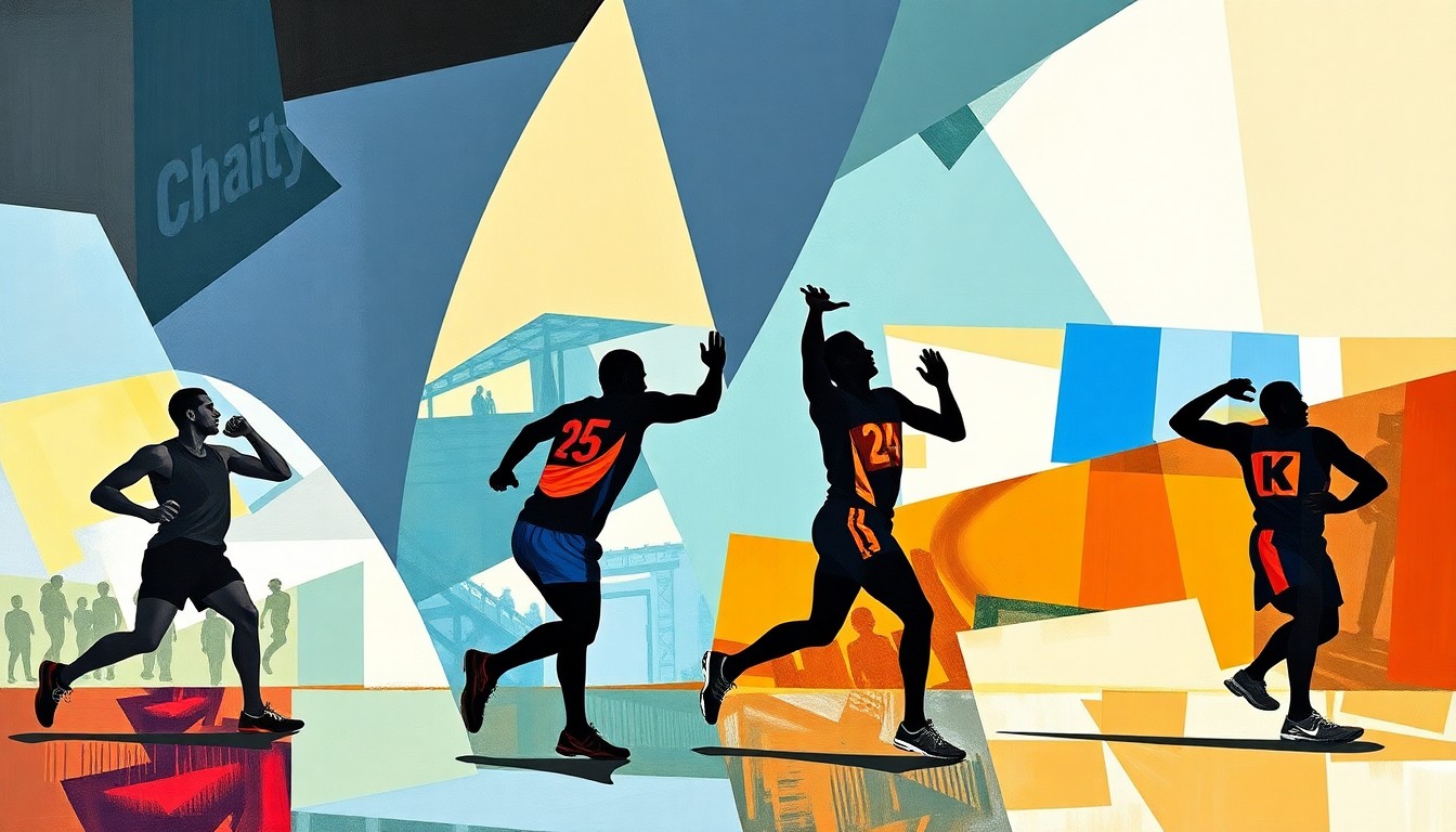 A fractured, geometric painting depicting the silhouettes of athletes in the midst of a throwing event, with sharp, overlapping planes of color and form conveying the raw power and dynamism of the sport.