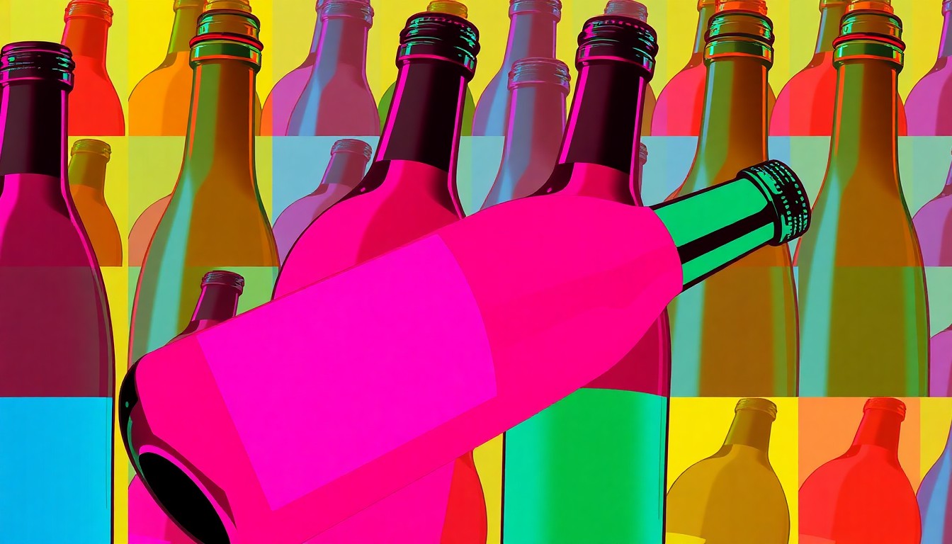 A brightly colored, high-contrast silkscreen print of a single, iconic wine bottle with a metal gearshift knob and carbon fiber accents, repeated in a tight grid pattern, conceptually representing the bold and unique nature of the Adobe Road Shift red wine.