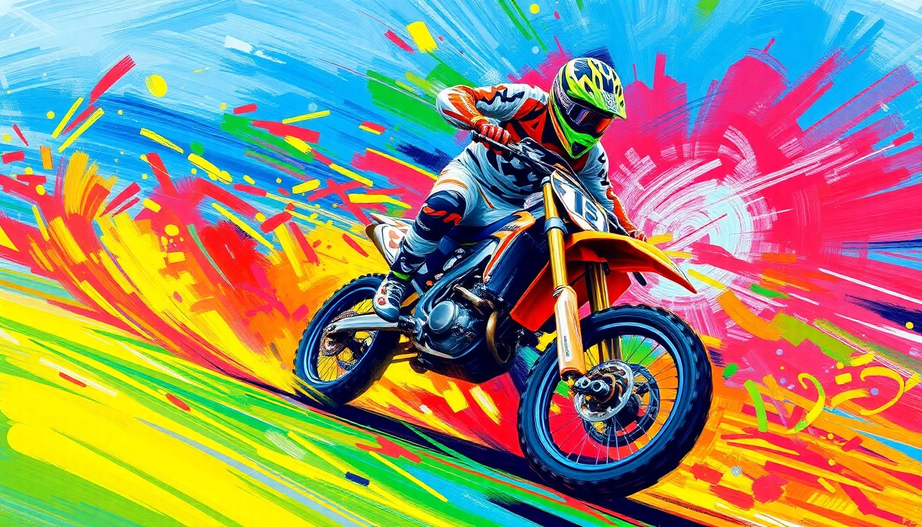 An abstract expressionist painting featuring bold, neon-colored brushstrokes that capture the kinetic energy and raw power of a Supercross motorcycle racing through a turn.