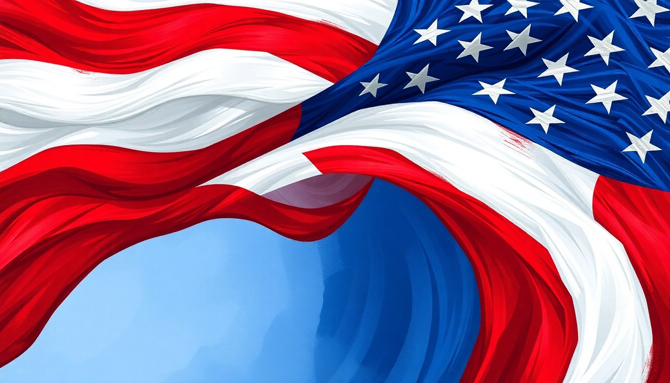 A dynamic, abstract painting of an American flag waving in the wind, the stars and stripes repeated in overlapping, geometric waves of red, white, and blue, conveying the heated political debate surrounding the flag law.