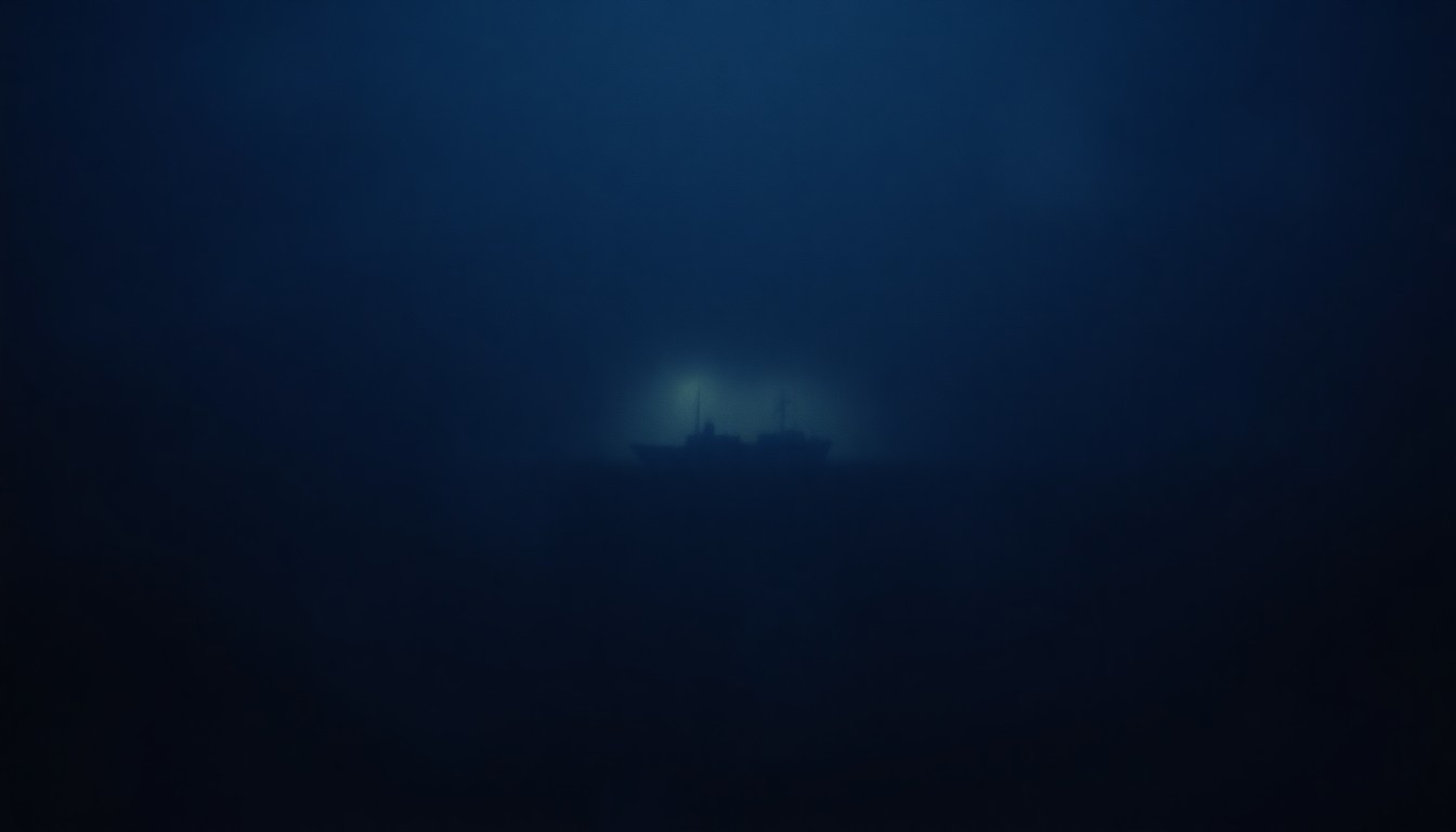 An impressionistic, out-of-focus photograph depicting a faint silhouette of a ship's hull emerging from a hazy, misty ocean scene, conveying the haunting and ethereal quality of the Titanic tragedy.