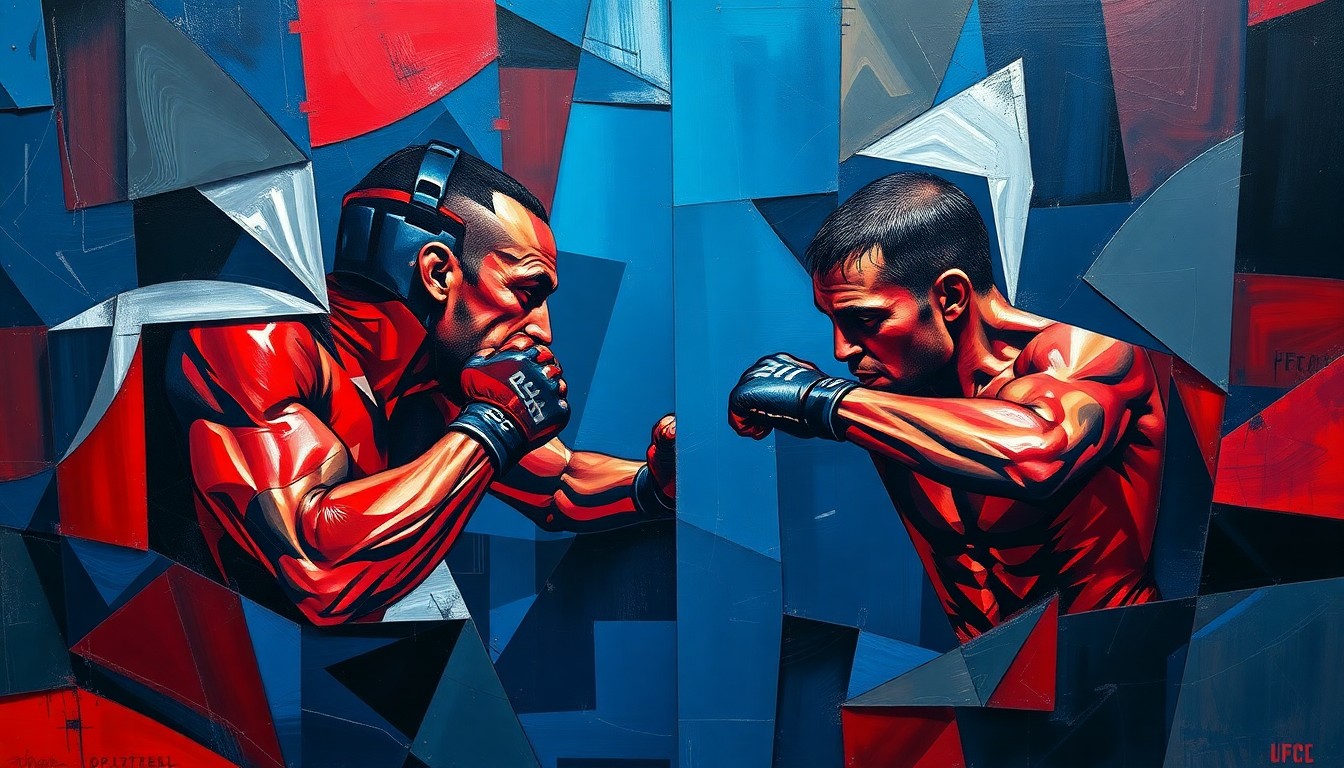 A cubist-style painting depicting a fragmented, multi-angled view of two UFC fighters engaged in combat, with sharp geometric shapes and planes in navy, red, and silver colors.