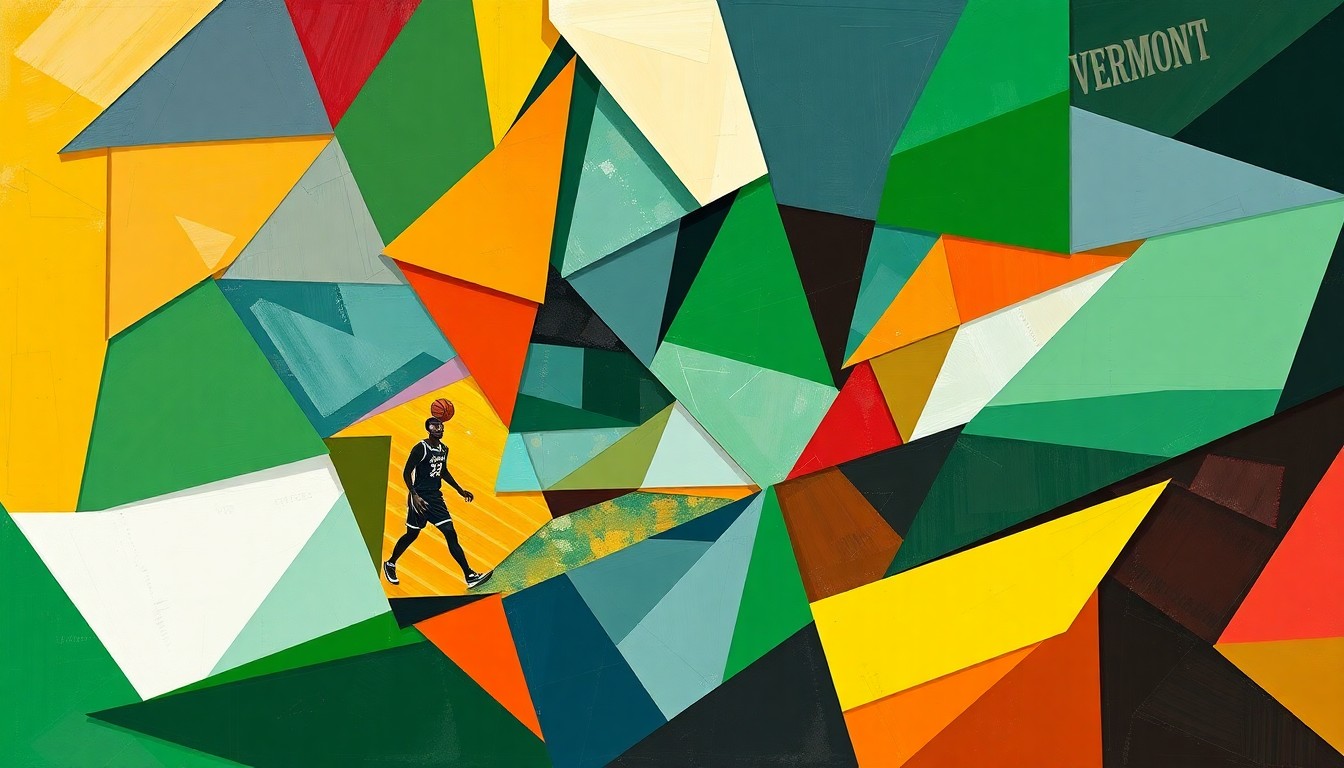 A cubist, geometric painting depicting a fragmented, multi-angled view of a women's basketball game, with the colors of the University of Vermont and University of Richmond teams prominently featured.