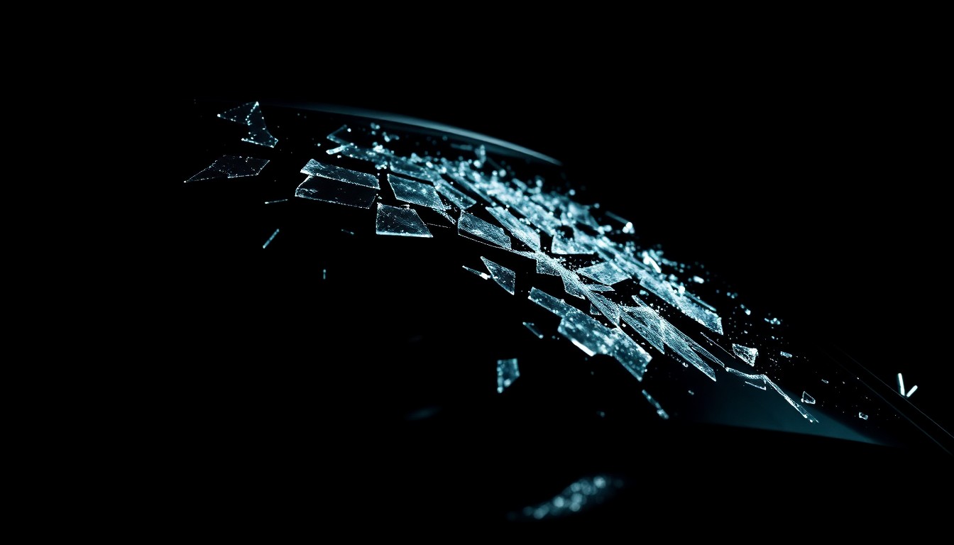 An extreme close-up photograph of a shattered car windshield, the glass fractured and reflecting a harsh, direct camera flash, conceptually illustrating the violence and destruction caused by street racing.