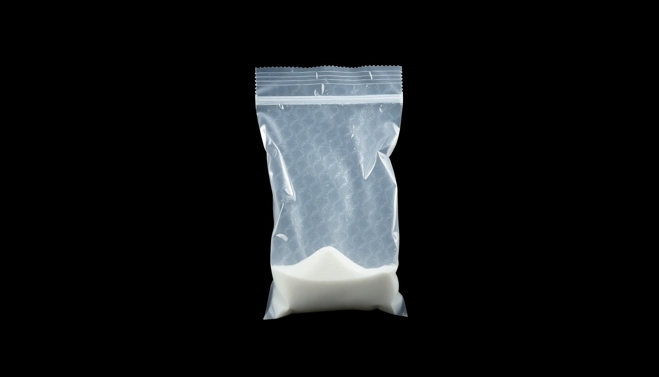 An extreme close-up photograph of a small plastic bag containing an unidentified white powder substance, creating a stark, gritty, investigative aesthetic through the use of harsh, direct lighting.