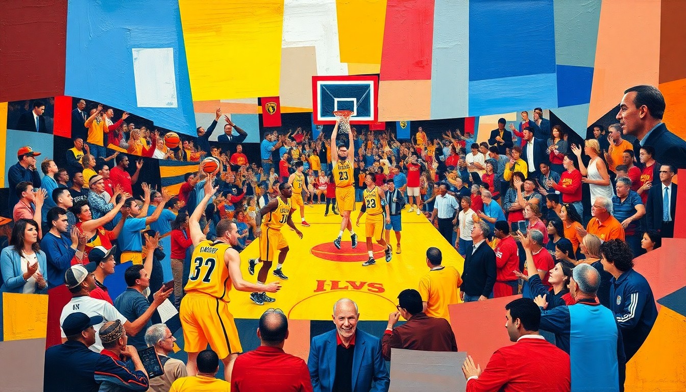 A cubist-style painting depicting a basketball celebration scene, with players, coaches, and fans broken down into overlapping geometric shapes and planes of maize, azure blue, and crimson red, capturing the energy and emotion of the moment.
