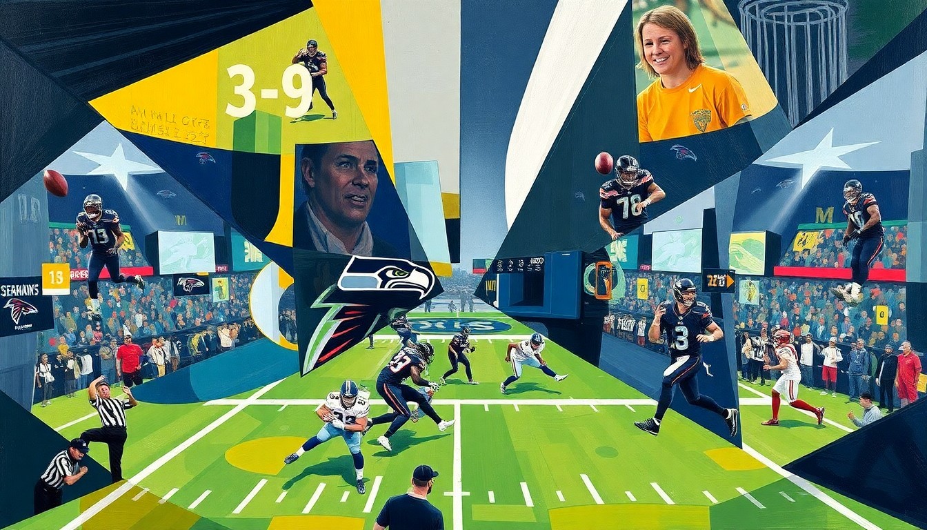 A cubist, geometric painting depicting various moments from the Seahawks' 37-9 victory over the Falcons, including players making plays, the scoreboard, and the energy of the game.