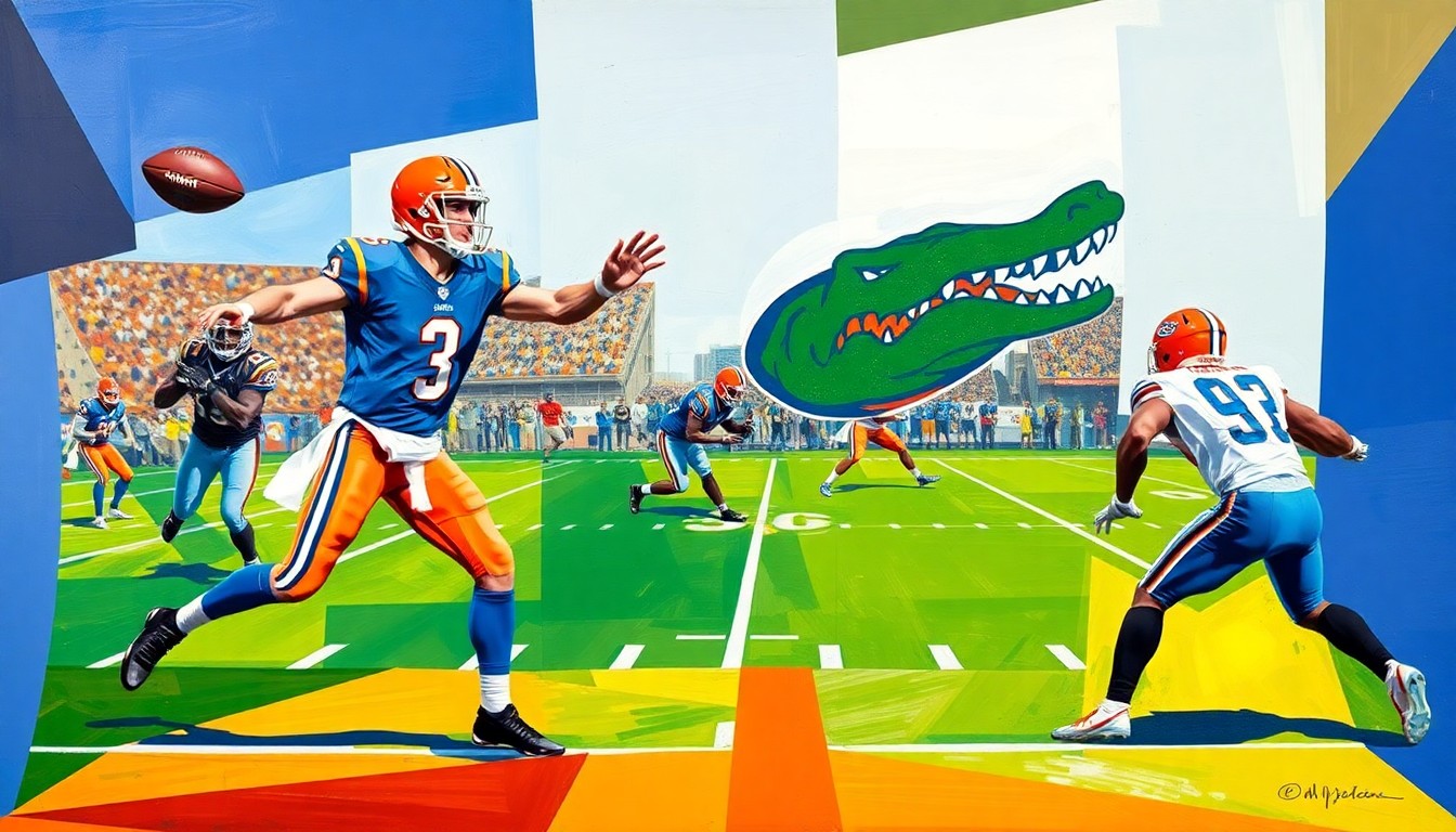 A fractured, cubist-style painting depicting a Florida Gators football play, with the quarterback's throwing motion and the receiver's route broken down into sharp, overlapping geometric shapes and planes, capturing the dynamic energy of the game.