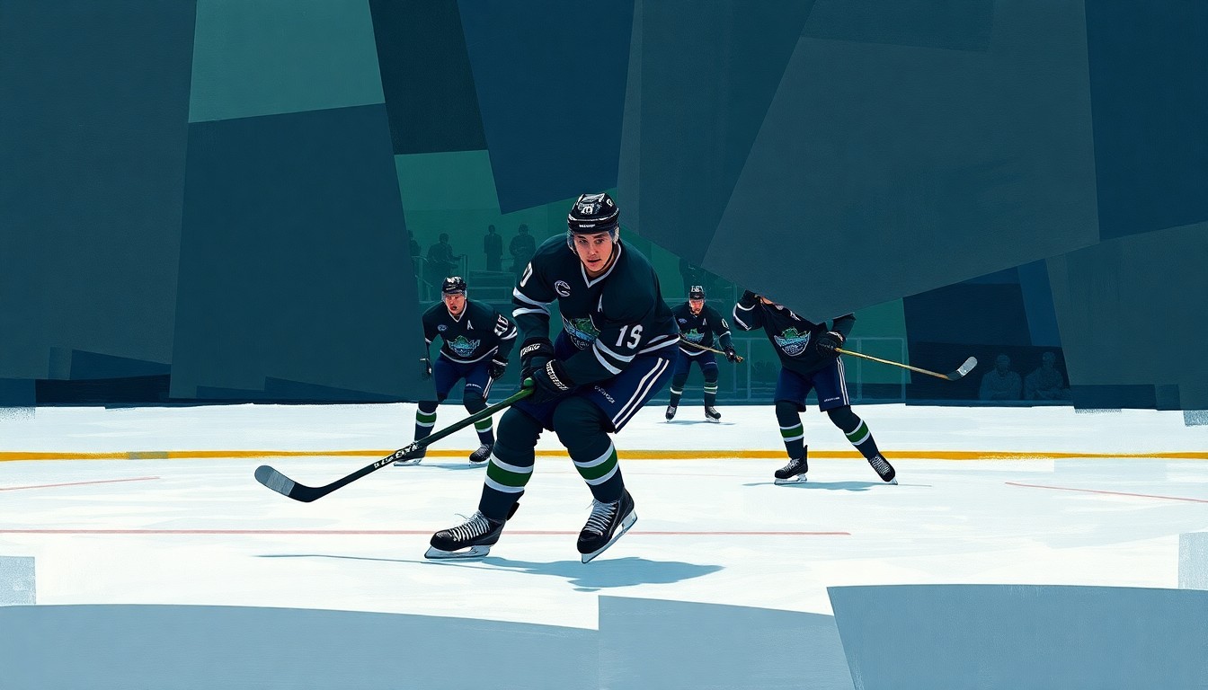 A fragmented, geometric painting depicting a hockey defenseman in various positions and perspectives, conveying the multifaceted nature of his struggles on the ice.