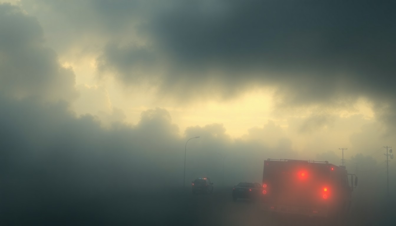 A heavily textured, atmospheric landscape painting in muted tones of grey, white, and blue, depicting a foggy intersection with only the faint outlines of emergency vehicles visible, conveying the overwhelming scale of the natural conditions.