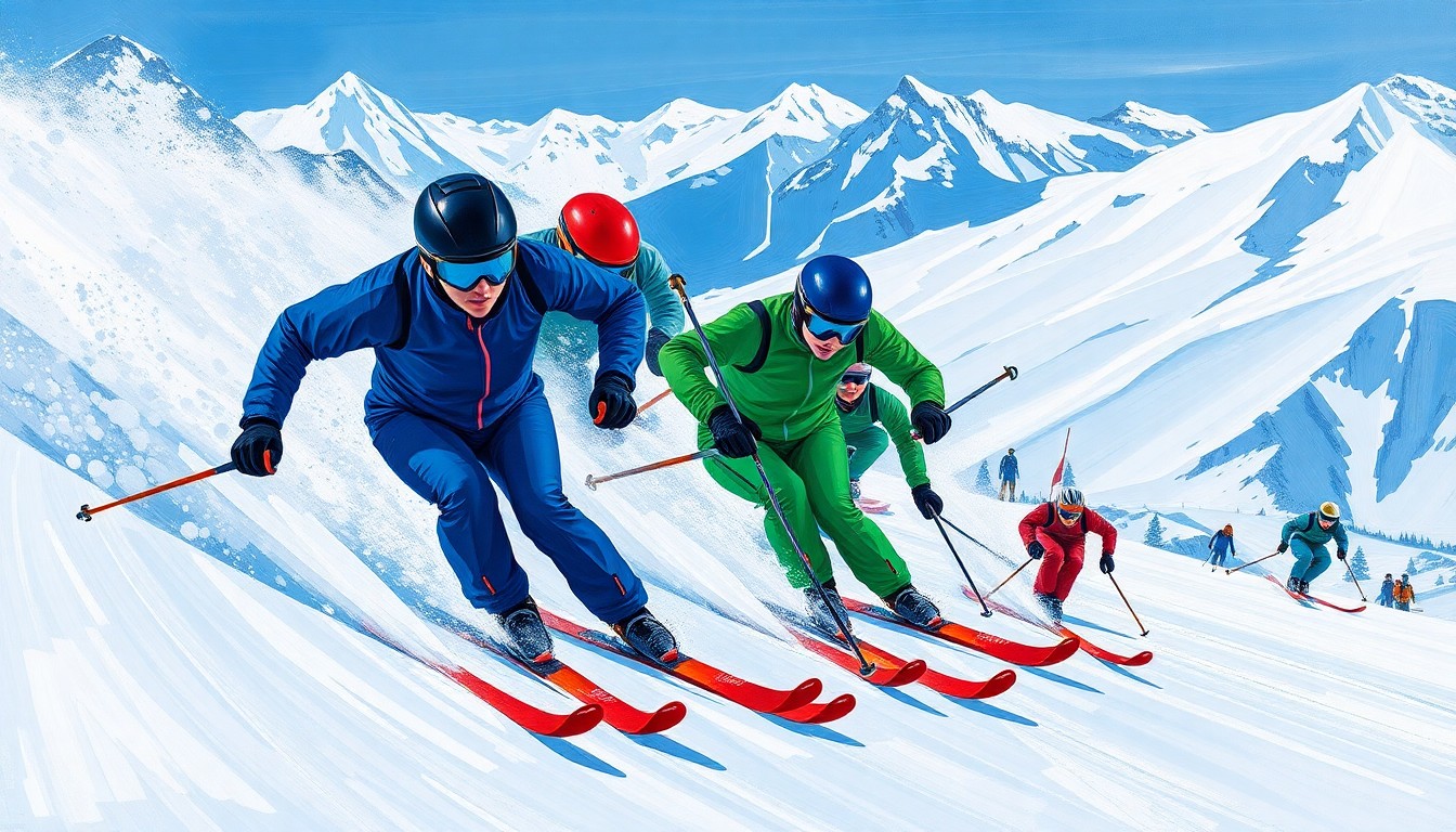 A cubist, geometric painting depicting the dynamic movements of alpine skiers racing through a slalom course, with sharp, overlapping planes of color representing the speed and energy of the competition.