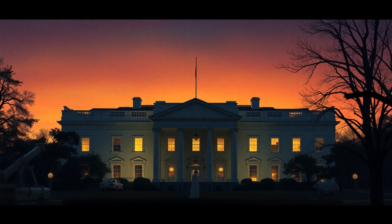 A serene, cinematic painting depicting the White House at dusk, with the East Wing demolished and construction equipment visible, bathed in warm, diagonal sunlight and deep shadows, conveying a sense of political tension and uncertainty.
