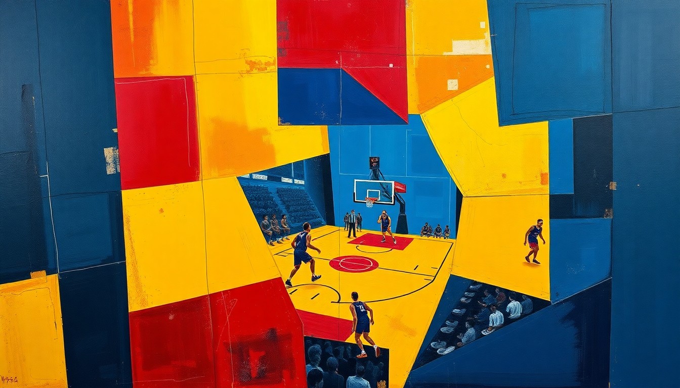 A fragmented, geometric painting in shades of blue, red, and yellow, depicting the overlapping movements and perspectives of a basketball game in an abstract, cubist style.