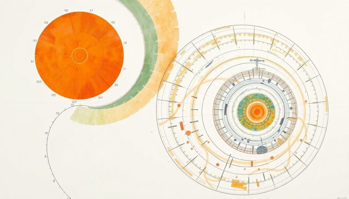 A highly structured abstract painting in soft, earthy tones of orange, green, and blue, featuring sweeping geometric arcs, concentric circles, and precise botanical spirals, conceptually representing the complex forces and systems of solar energy and the electrical grid.