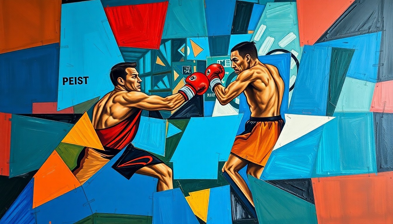 A cubist, geometric painting depicting a boxer in motion, with sharp, overlapping planes of color representing the intensity and discipline of the sport.