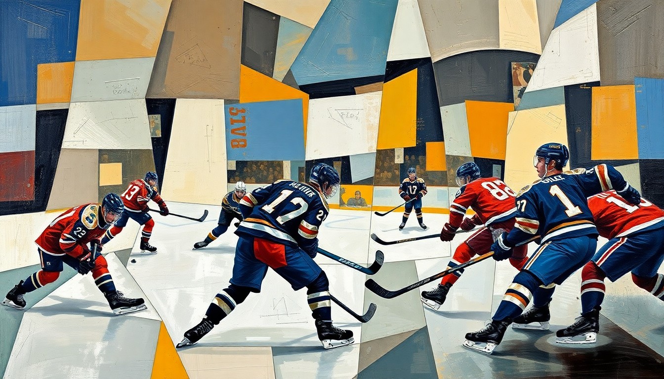 A fractured, multi-perspective painting in a cubist style, depicting the chaotic movements and physical contact of a hockey game. The players' forms are broken down into sharp, overlapping geometric shapes, conveying the raw energy and potential for injury in the sport.