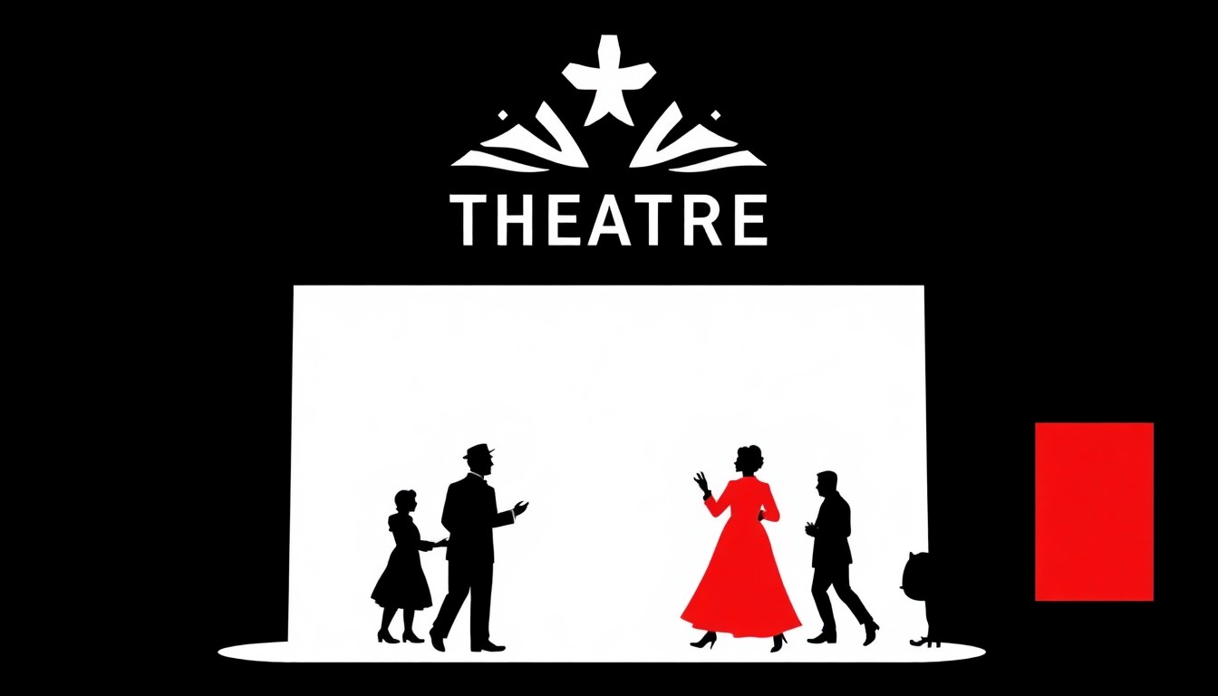 A dramatic, abstract composition of jagged black silhouettes and bold, high-contrast shapes in red and white, conceptually representing the opening of a new theater and the debut of a satirical musical production.