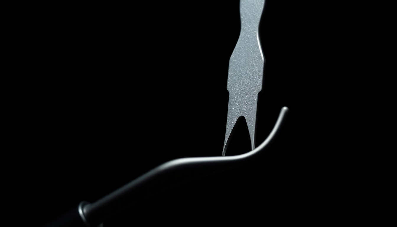 An extreme close-up photograph of a dental tool or instrument, such as a pair of forceps or a dental mirror, lit by a harsh, direct camera flash against a pitch-black background, creating a stark, gritty, and investigative aesthetic that conceptually represents the violation of trust in this case of sexual assault.