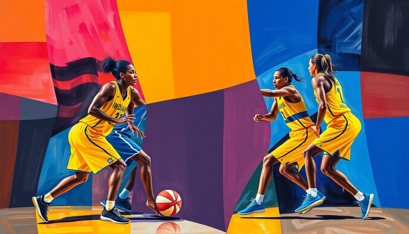 A fragmented, geometric painting in bold colors depicting the action and movement of a WNBA basketball game, with players' forms broken down into abstract shapes and planes.