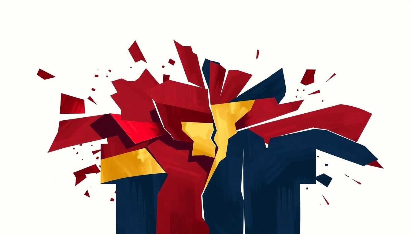 A fractured, abstract painting featuring overlapping geometric shapes and waves of dark red, navy blue, and gold, conveying a sense of chaos and division within the political landscape.