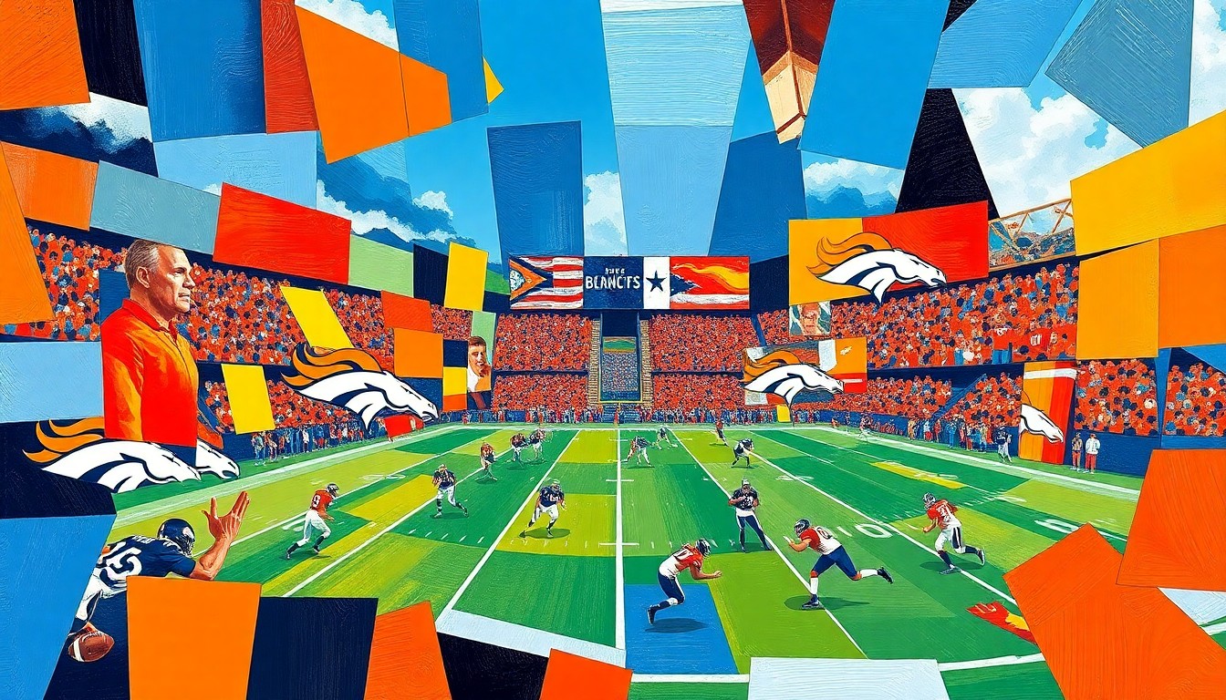 A fractured, multi-perspective painting in the style of Pablo Picasso, breaking a football game down into sharp, overlapping geometric planes of vibrant orange, blue, and white, conceptually representing the complex dynamics behind the Broncos' decision to re-sign tight end Adam Trautman.