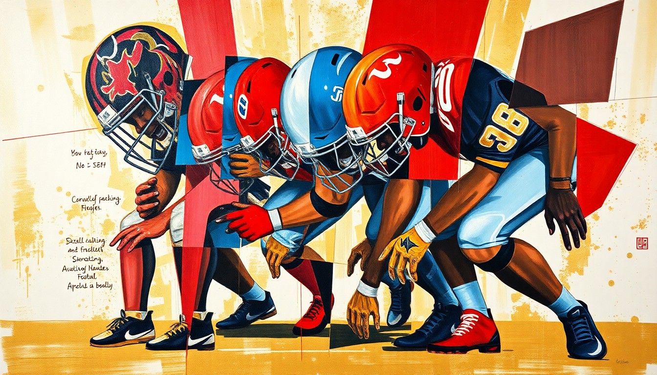A cubist, geometric painting depicting the fragmented and overlapping shapes of a football offensive line, with sharp planes of red, blue, and gold colors representing the complex challenge the Chiefs face in replacing a key member of their blocking unit.