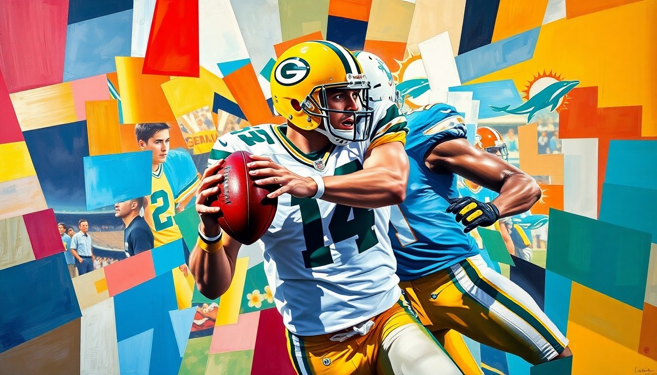 A cubist, multi-angled painting depicting a tight end making a catch, with the player's form broken down into sharp, overlapping geometric shapes in the colors of the Packers and Dolphins uniforms.