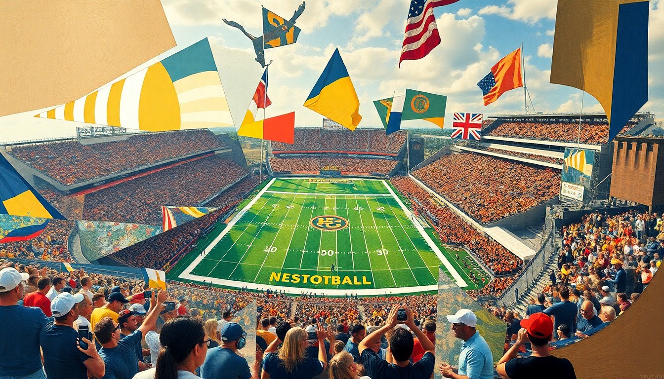 A fragmented, geometric painting depicting a college football game or match, with sharp planes of color and form representing the tensions and changes within the Virginia Tech program under new coach James Franklin.