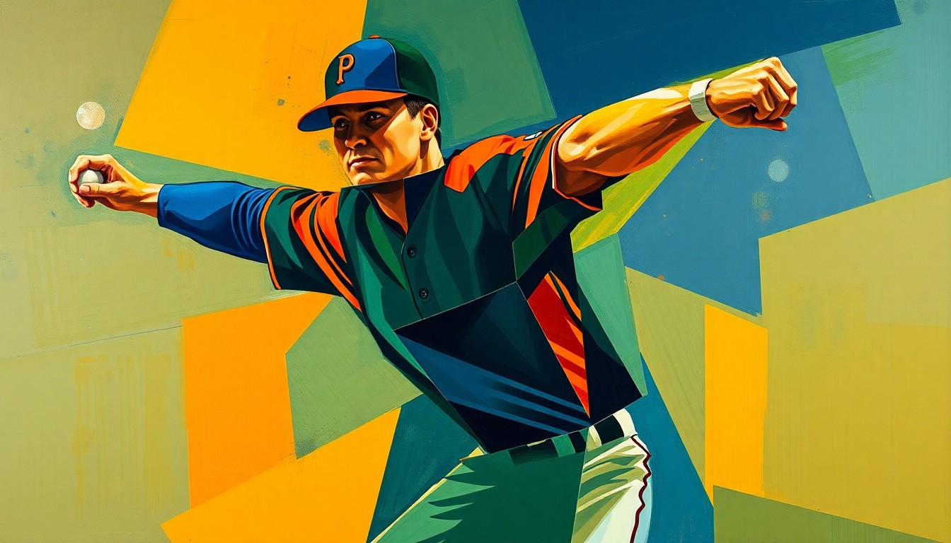 A fragmented, cubist-style painting depicting the motion of a baseball pitcher, with sharp geometric shapes in navy, green, and orange overlapping to create a dynamic, abstract representation of the sport.