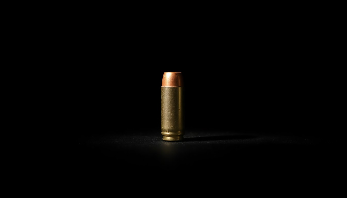 An extreme close-up photograph of a metallic bullet casing reflecting the harsh light of a camera flash, conveying the stark and gritty nature of the violent crimes.
