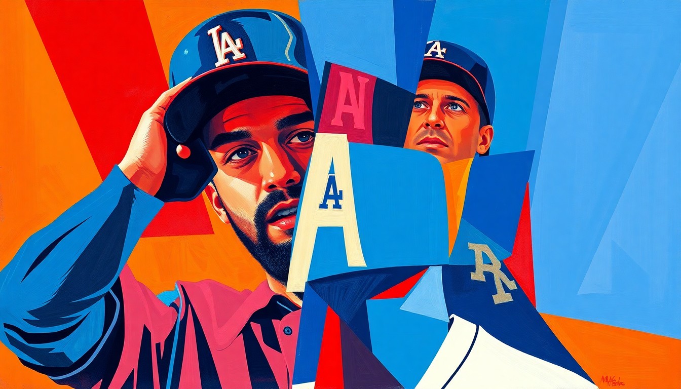 A cubist, geometric painting depicting the key moments of Max Muncy's three-homer game, with overlapping planes of blue and red representing the Dodgers and Rangers players and action on the field.