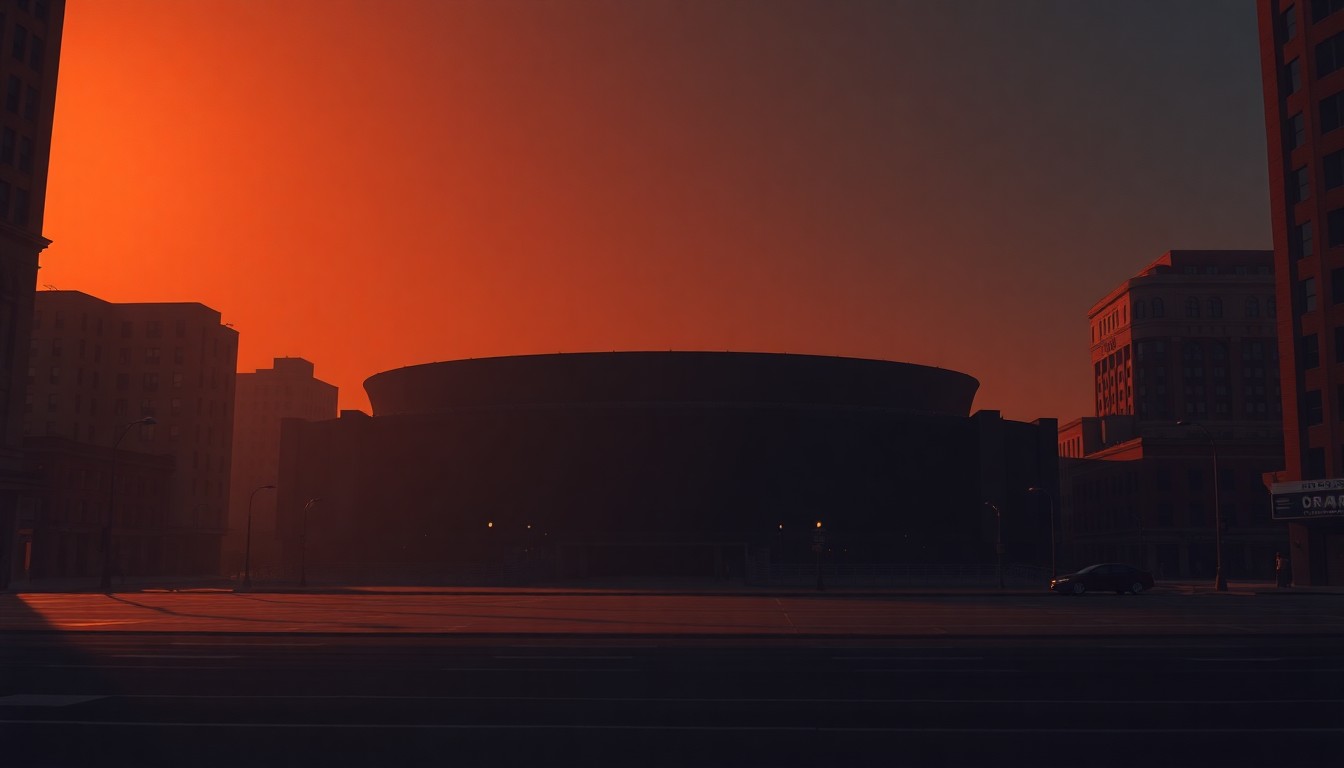 A serene, cinematic painting of a solitary sports stadium in downtown Minneapolis, with warm sunlight and deep shadows creating a pensive, nostalgic mood that reflects the gravity of the situation and the call for unity.