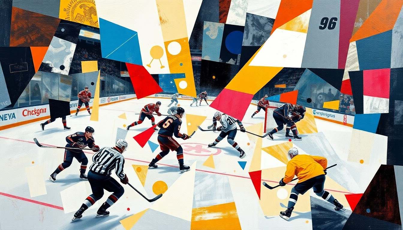 A cubist-style painting depicting a hockey game in abstract geometric shapes and planes of color, capturing the intensity and energy of the overtime action.