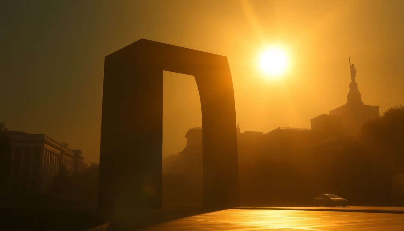 A serene, cinematic painting depicting the proposed 'Trump Arch' monument in Washington D.C., with the golden statue of Liberty standing tall against the city's backdrop, bathed in warm, diagonal sunlight and deep shadows, conceptually representing the ongoing discussion surrounding the project's purpose and impact.