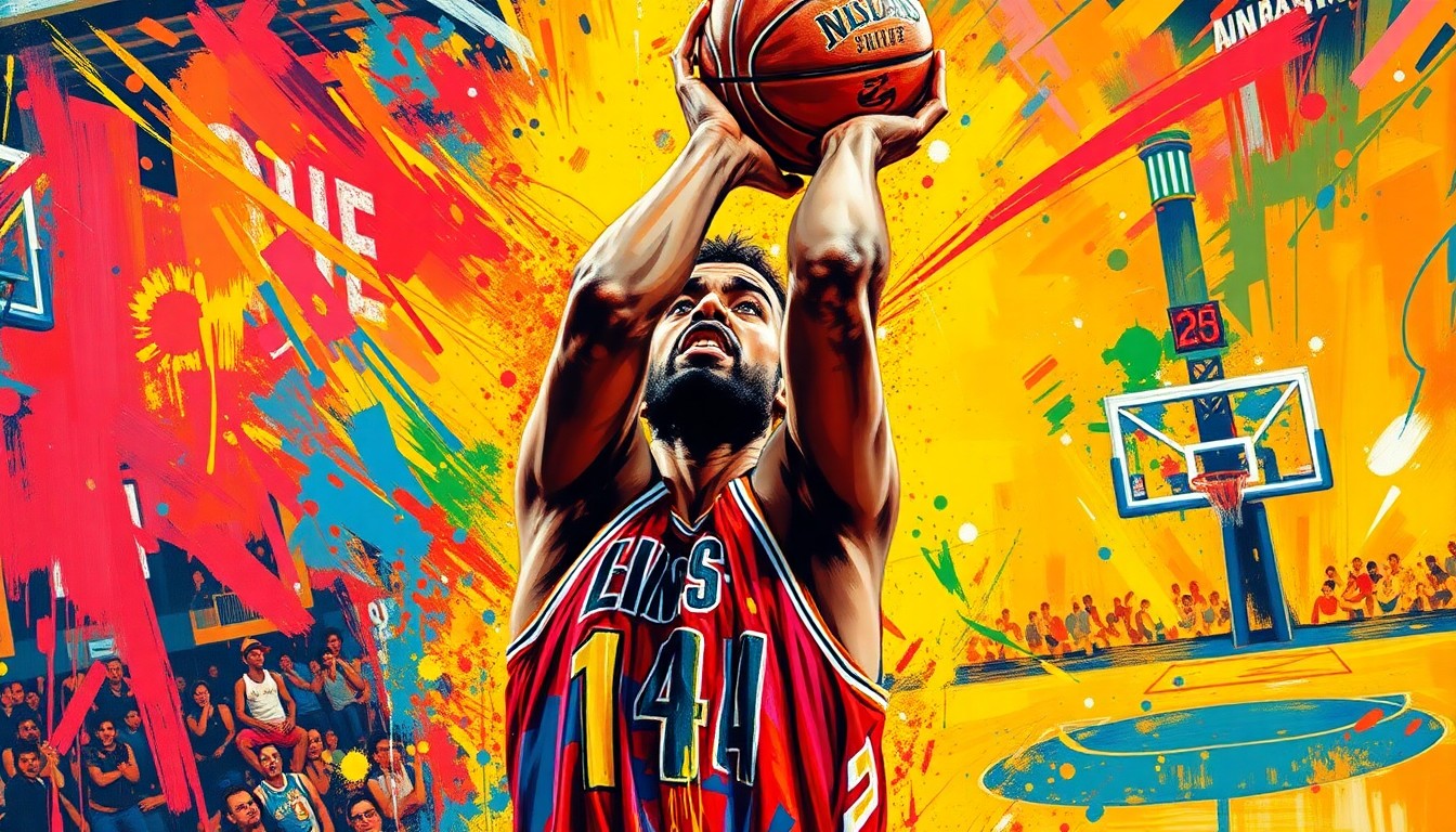 An abstract, expressionist painting in vibrant neon colors capturing the raw energy and drama of Anthony Edwards' game-winning 3-pointer, with his figure and the basketball court dissolving into bold, gestural brushstrokes.