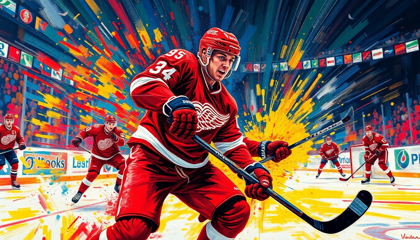 An abstract, expressionist painting in vibrant neon colors depicting the dynamic, explosive energy of a hockey player scoring the game-winning goal in overtime, with the player's form and the puck blurred into a conceptual representation of the dramatic moment.