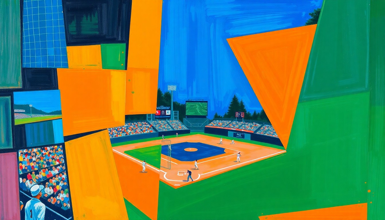 A cubist, geometric painting depicting a baseball game or match, with sharp, overlapping planes of color representing the dynamic action on the field.