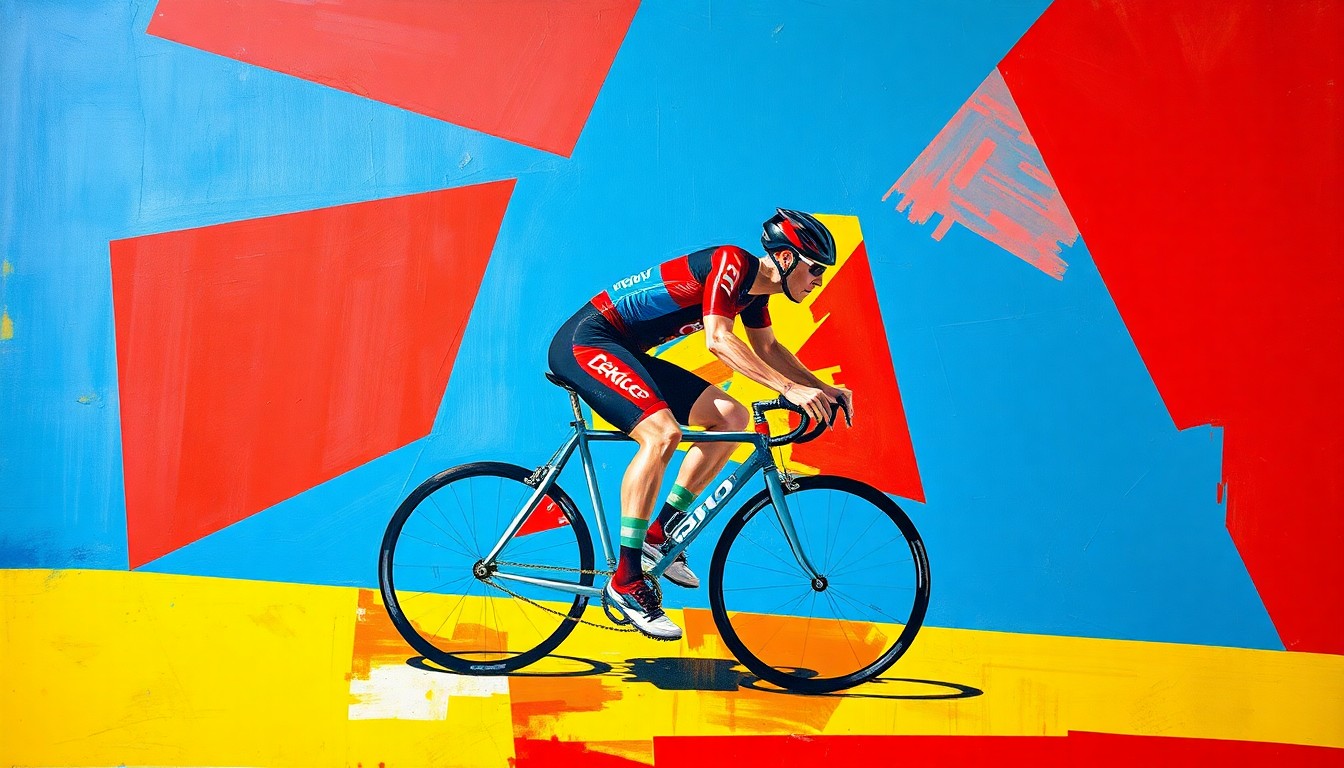 A cubist-style painting depicting a cyclist in motion, broken down into sharp, overlapping geometric shapes in vibrant colors, capturing the energy and dynamism of the sport.