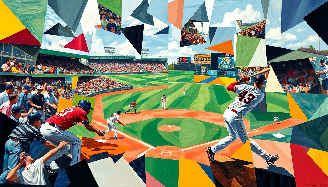A fragmented, geometric painting in the style of Pablo Picasso, depicting the motion and action of a college baseball game through overlapping planes of color and shape, without any recognizable figures or text.